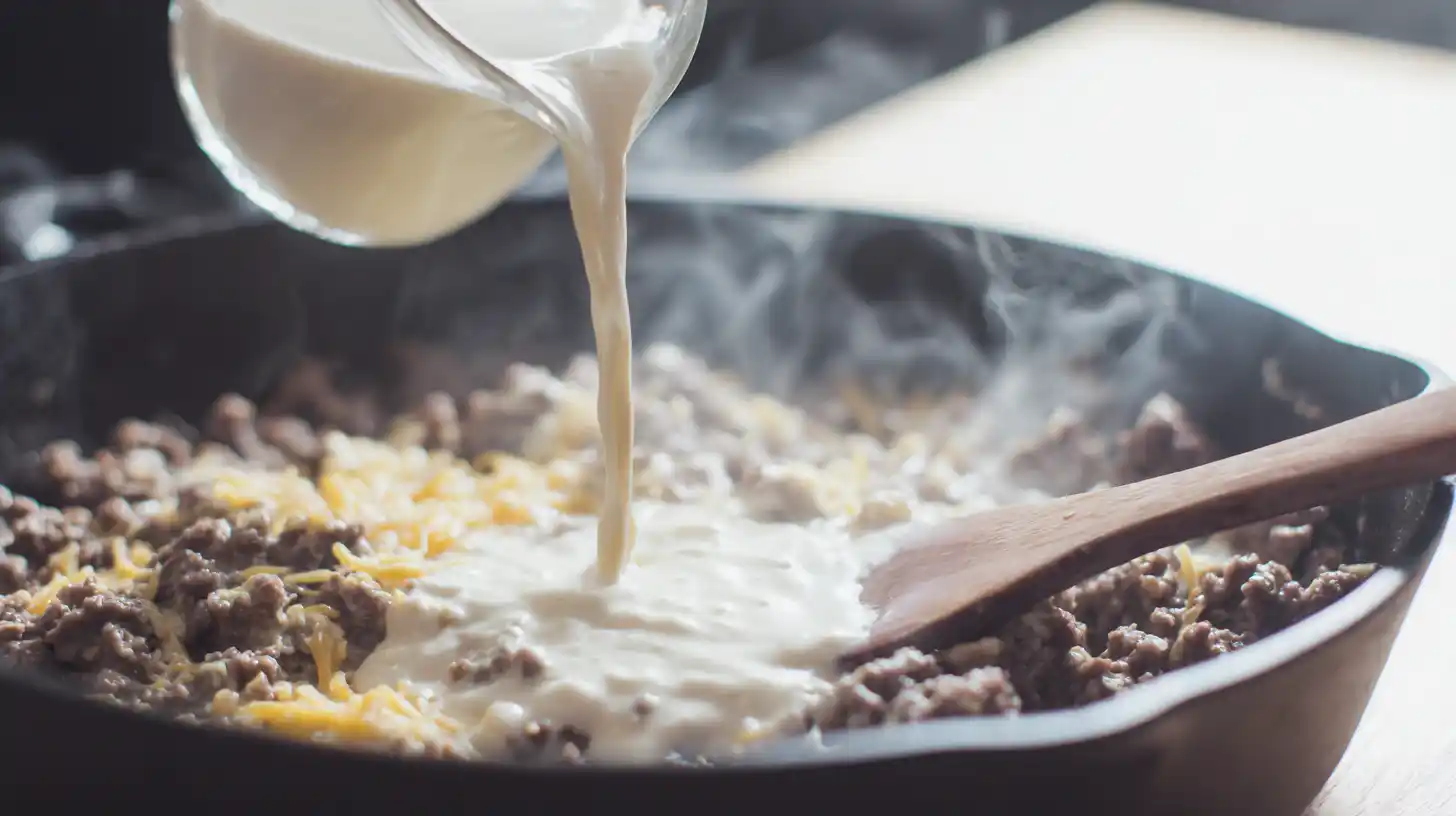 heavy-cream-cheddar-parmesan-loaded-bacon-cheeseburger-alfredo Pouring heavy cream and melting cheddar and Parmesan into beef for loaded bacon cheeseburger Alfredo pasta, creamy comfort food recipe