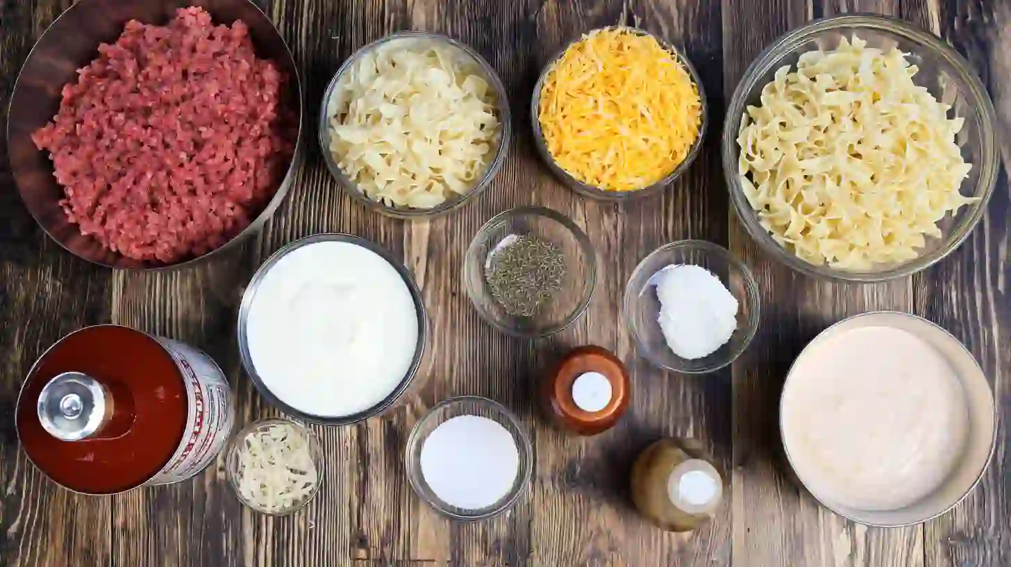 homestyle-beef-and-cheddar-egg-noodle-bake-ingredients Ingredients for Homestyle Beef and Cheddar Egg Noodle Bake – quick comfort meal prep for families