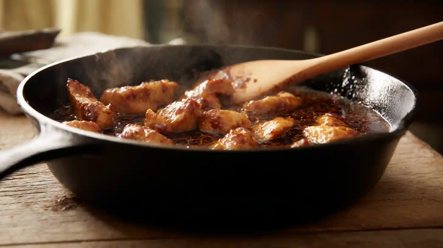 honey-bbq-chicken-rice-skillet-adding-broth-bbq-sauce-healthy-family-dinner Honey BBQ chicken rice skillet recipe step 3 – adding broth, honey, and BBQ sauce for smoky-sweet skillet dinner ideas and healthy family dinner recipes.