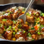 Honey BBQ chicken rice skillet recipe step 5 – resting and fluffing rice for high-protein family dinner recipes and quick skillet meals.