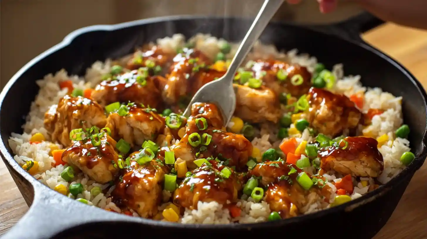 honey-bbq-chicken-rice-skillet-resting-and-serving-quick-family-dinner Honey BBQ chicken rice skillet recipe step 5 – resting and fluffing rice for high-protein family dinner recipes and quick skillet meals.