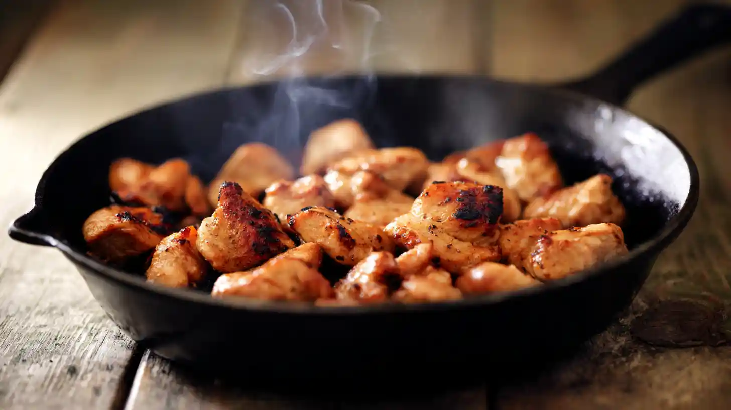 honey-bbq-chicken-rice-skillet-searing-chicken-quick-family-dinner Honey BBQ chicken rice skillet recipe step 1 – searing seasoned chicken in cast iron skillet for high-protein dinner and quick skillet meal for families.