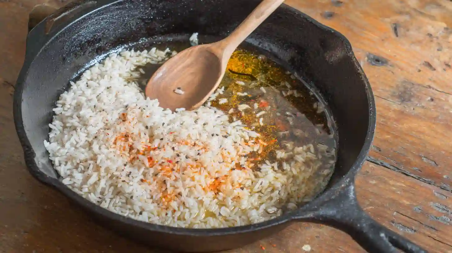 honey-bbq-chicken-rice-skillet-toasting-rice-quick-family-dinner Honey BBQ chicken rice skillet recipe step 2 – toasting rice with spices in cast iron skillet for smoky flavor in quick skillet meals for families.