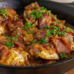 Honey garlic bacon chicken with parsley garnish served in skillet – best skillet chicken recipes, easy dinner recipes for families, high-protein chicken and bacon meal.