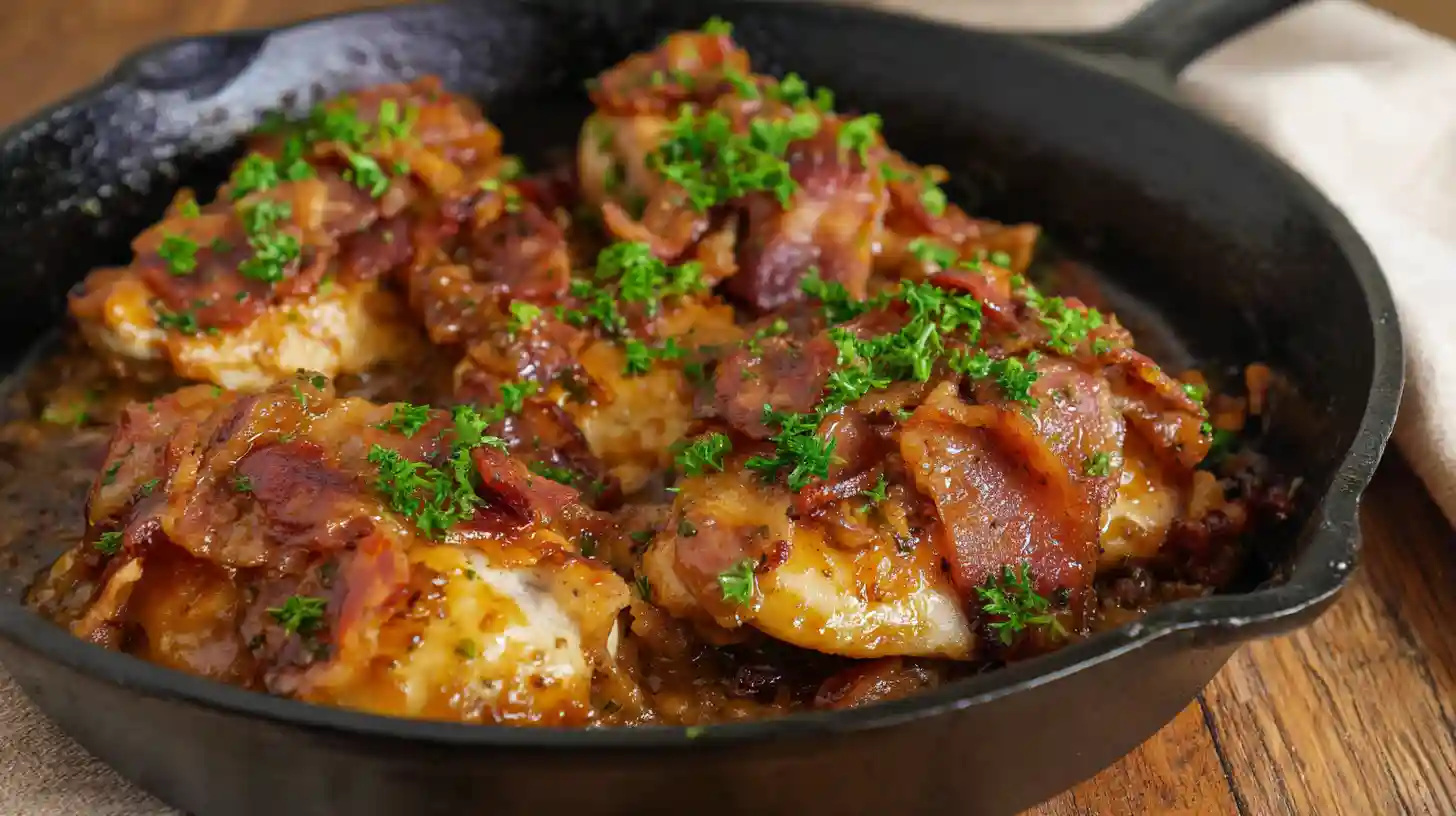 honey-garlic-bacon-chicken-parsley-garnish Honey garlic bacon chicken with parsley garnish served in skillet – best skillet chicken recipes, easy dinner recipes for families, high-protein chicken and bacon meal.