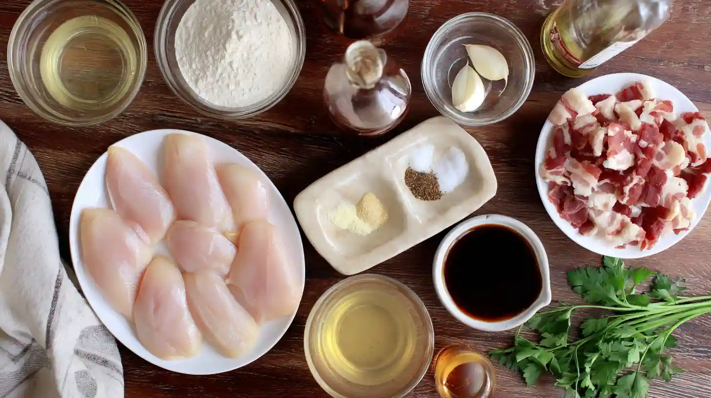 honey-garlic-bacon-chicken-recipe-ingredients-Image Honey garlic bacon chicken recipe ingredients – chicken breasts, crispy bacon, honey glaze, and fresh herbs for easy family dinners