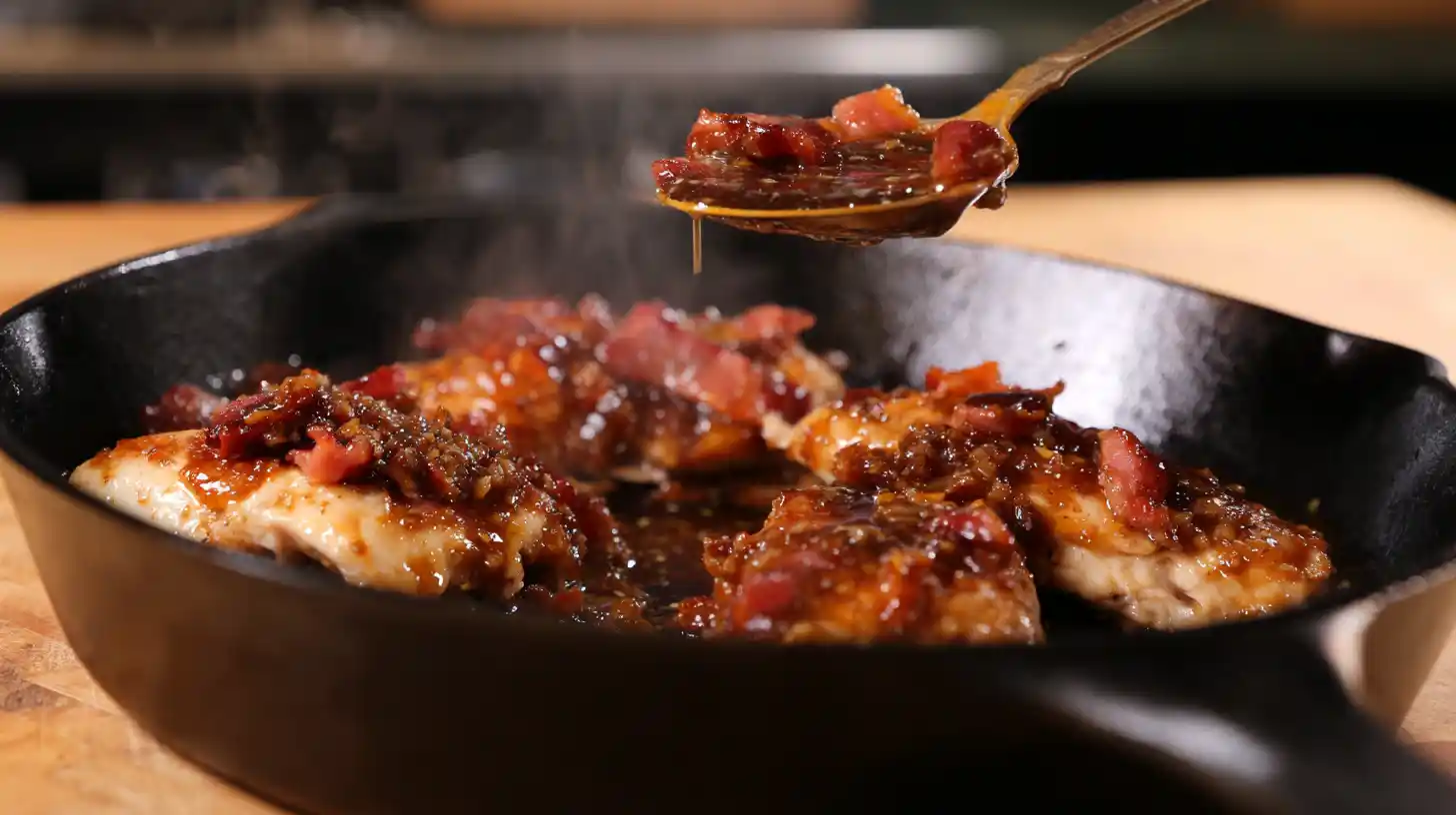 honey-garlic-bacon-chicken-skillet-simmer Honey garlic bacon chicken simmering in skillet with sweet savory glaze – best skillet chicken recipes, easy dinner ideas for families, high-protein chicken and bacon meal.