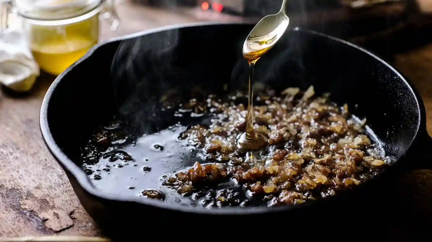 honey-garlic-glaze-skillet-bacon-chicken Honey garlic glaze simmering in skillet for honey garlic bacon chicken recipe – easy chicken recipes for families, best skillet chicken dinners, sweet and savory chicken with bacon.