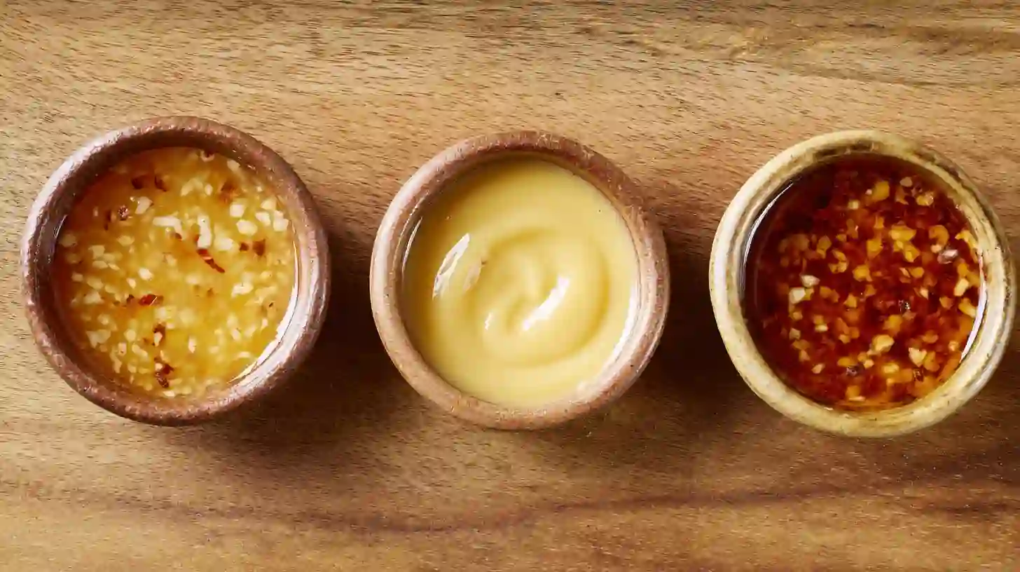 honey-garlic-honey-mustard-chipotle-honey-sauces Three homemade honey garlic, honey mustard cream, and chipotle honey sauces – easy chicken recipes, best chicken glaze ideas, high-flavor chicken dinner toppings.