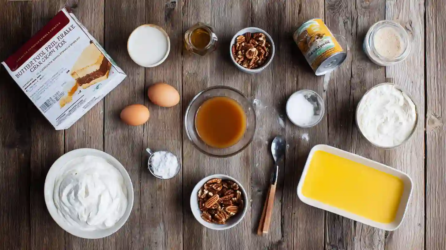 ingredients-Image-caramel-butter-pecan-praline-poke-cake Caramel Butter Pecan Praline Poke Cake ingredients including cake mix, caramel sauce, cream cheese, pecans, and whipped topping