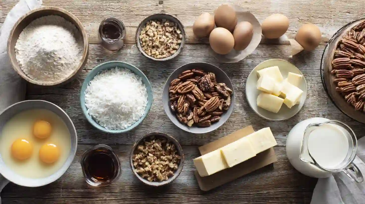 ingredients-Image-coconut-pecan-buttermilk-cake Ingredients for Coconut Pecan Buttermilk Cake with butter, sugar, flour, eggs, coconut, pecans, and buttermilk