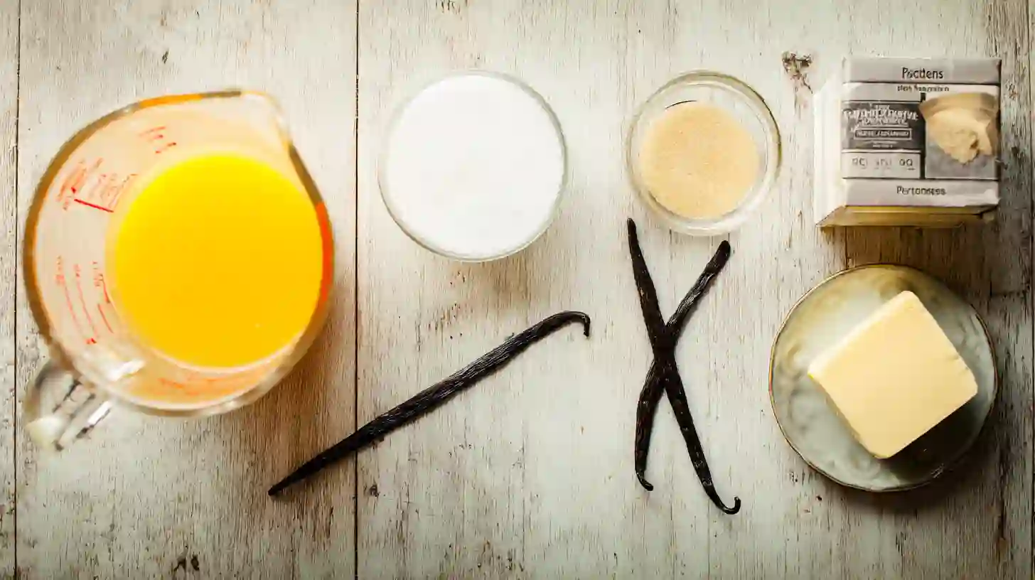 ingredients-Image-dreamsicle-jelly-orange-vanilla-recipe Dreamsicle Jelly ingredients with orange juice, sugar, vanilla beans, butter, and pectin.Easy summer desserts with orange