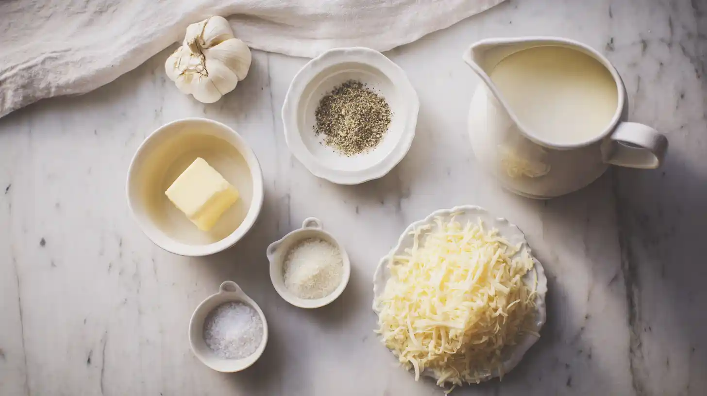 ingredients-Image-homemade-alfredo-sauce Ingredients for homemade Alfredo sauce with butter, cream, garlic, and Parmesan