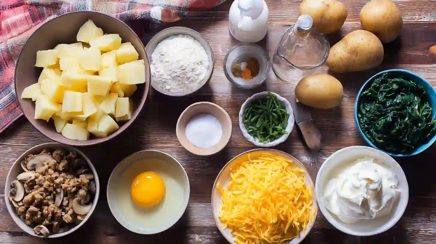 ingredients-Image-stuffed-mashed-potato-nests Ingredients for stuffed mashed potato nests recipe with eggs, turkey, and spinach, a high-protein potato recipe for quick and cheap meals