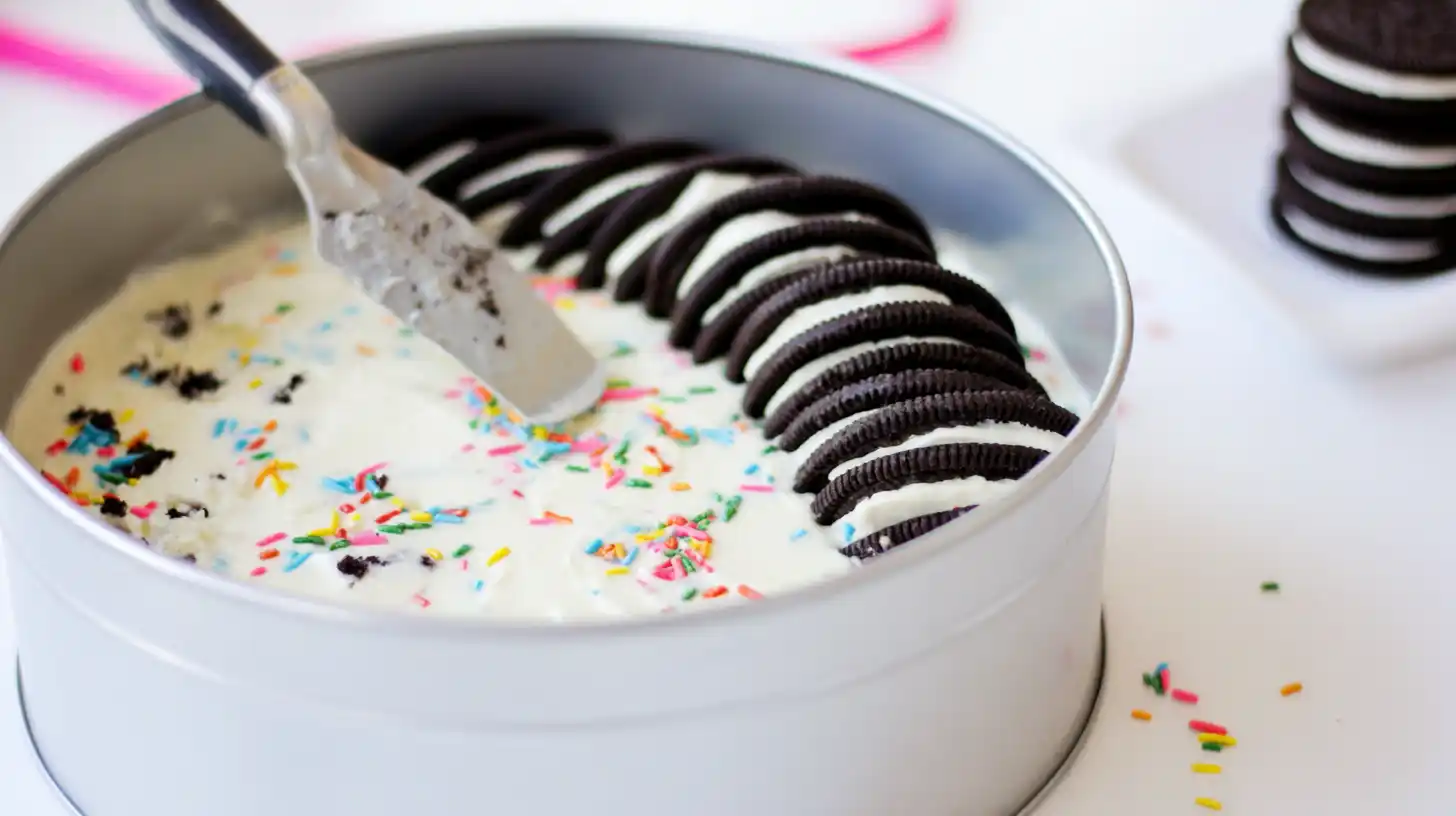 layering-oreo-cream-funfetti-icebox-cake-step4 Layering Oreos and cream for No-Bake Funfetti Oreo Icebox Cake recipe, one of the best quick no bake cake recipes for families