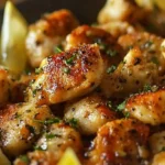 Lemon Garlic Chicken Bites on skillet with lemon wedges.Meal prep chicken recipes for work