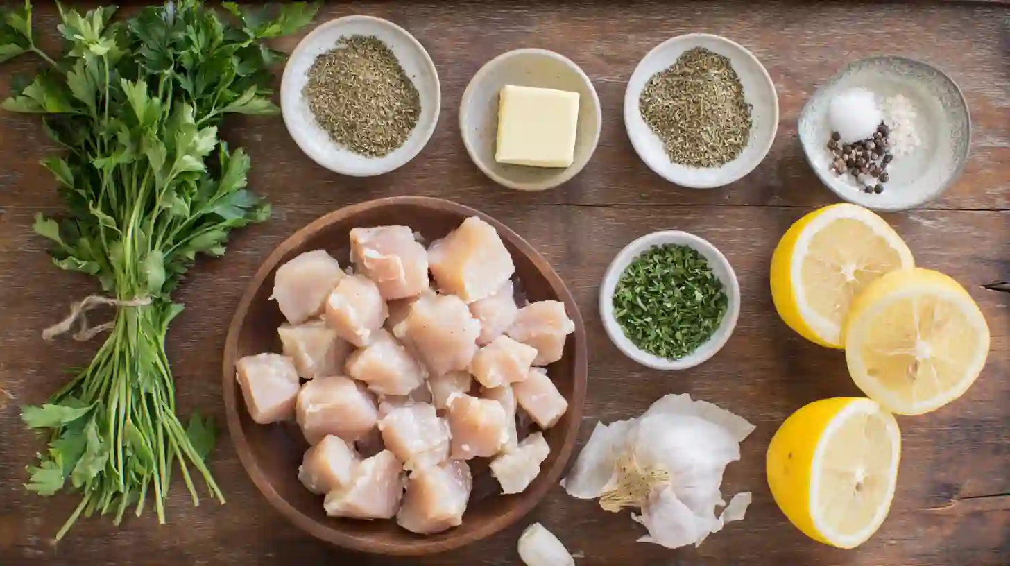 lemon-garlic-chicken-bites-ingredients-Image Ingredients for Lemon Garlic Chicken Bites with chicken, garlic, herbs, and lemon.Family-friendly chicken recipes