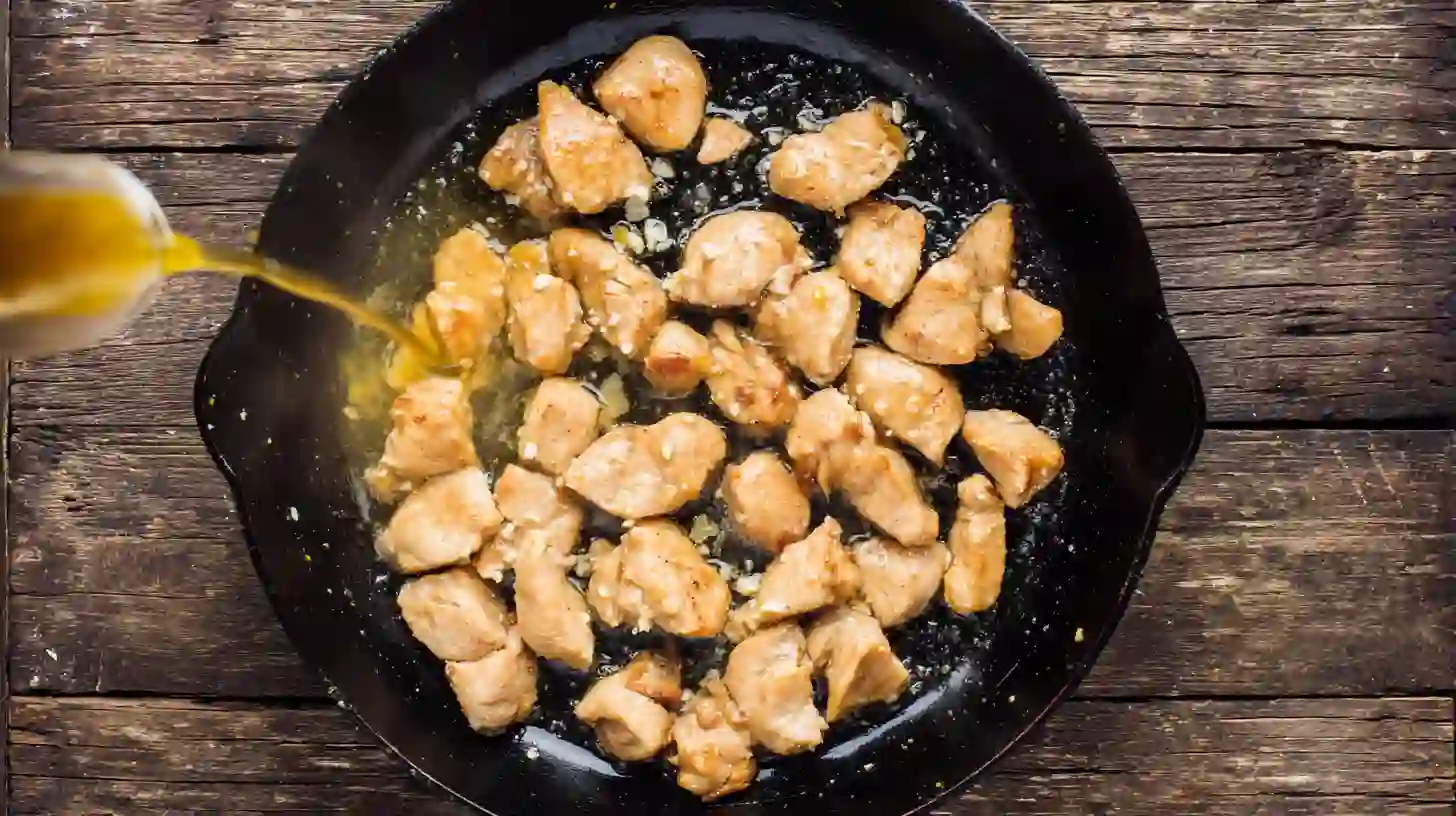 lemon-garlic-chicken-bites-step3-garlic-lemon Healthy meal prep recipes with quick weeknight chicken dinners showing lemon garlic chicken bites tossed in butter, garlic, and lemon juice