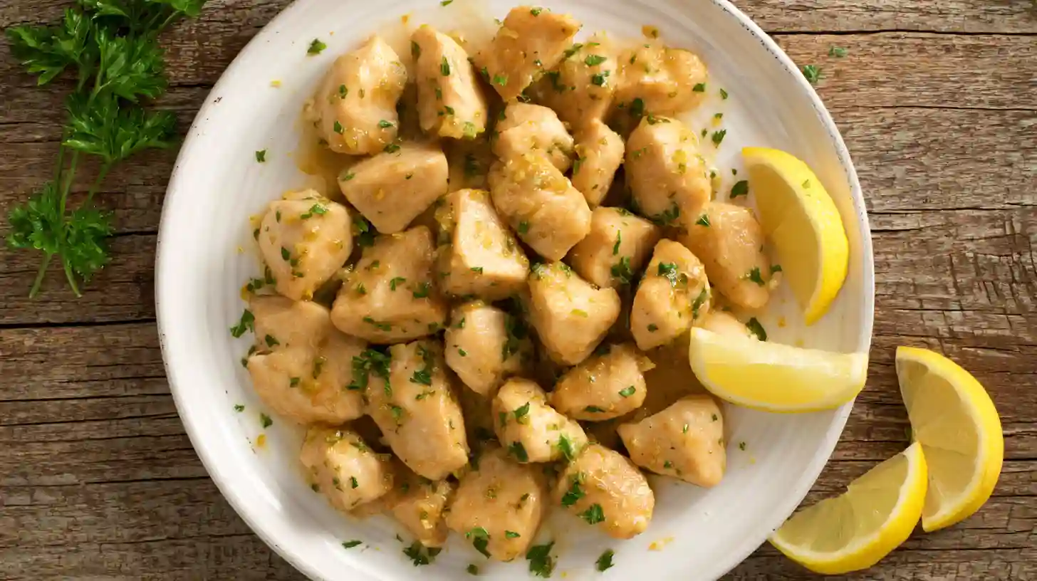 lemon-garlic-chicken-bites-step4-serve Quick weeknight chicken dinners with healthy lemon garlic chicken bites served hot on a plate with parsley and lemon wedges
