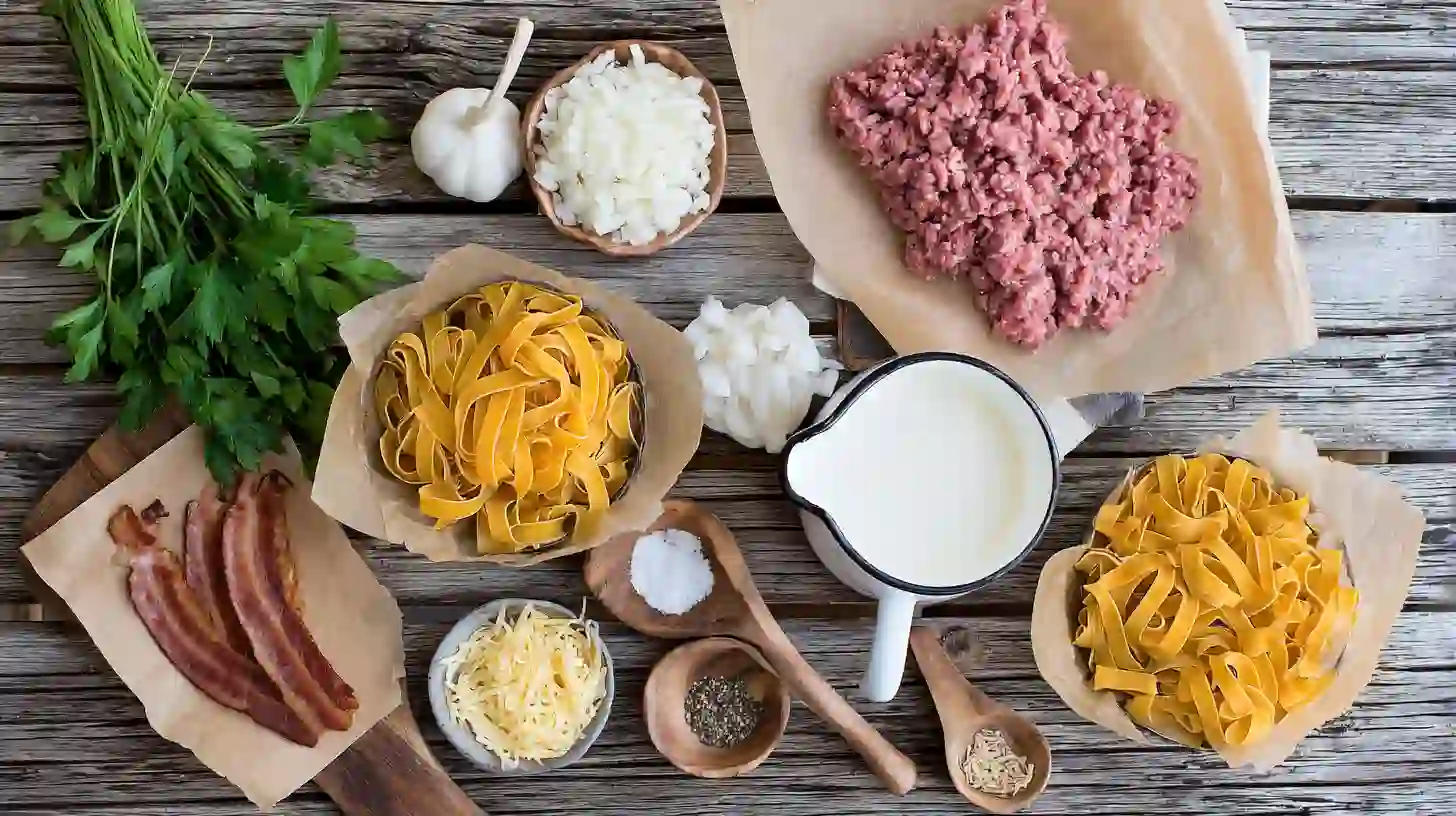 loaded-bacon-cheeseburger-alfredo-pasta-ingredients-Image Loaded Bacon Cheeseburger Alfredo Pasta ingredients — beef, bacon, cheddar, Parmesan, and fettuccine pasta