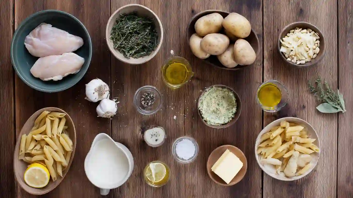 loaded-herb-grilled-chicken-with-creamy-pesto-pasta-ingredients-Image Ingredients for loaded herb grilled chicken with creamy pesto pasta, a healthy grilled chicken recipe and easy weeknight chicken dinner