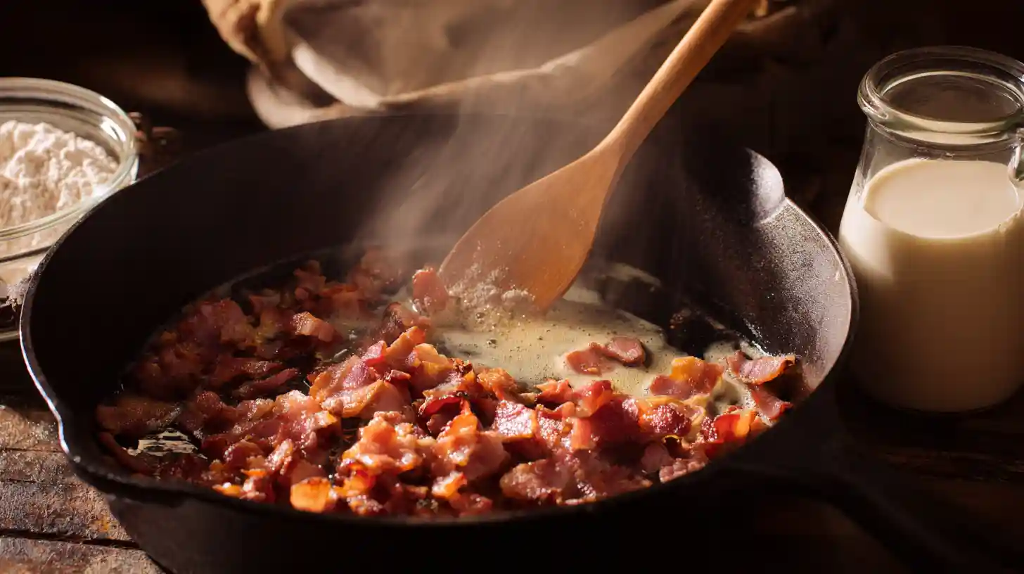 make-creamy-bacon-gravy-country-fried-pork-step5 making creamy bacon gravy with crispy bacon and roux – creamy bacon gravy recipe step-by-step