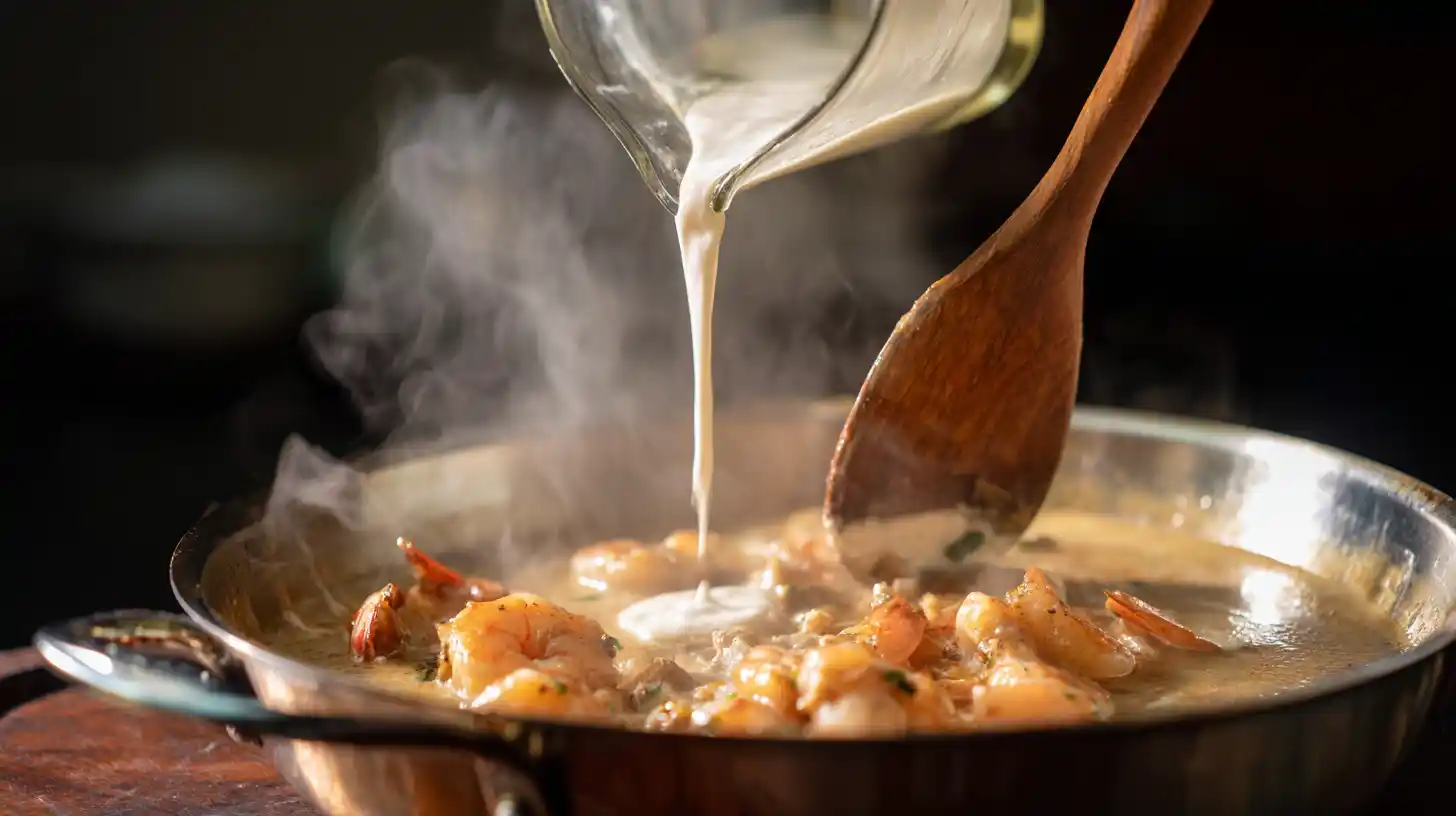 making-cream-sauce-filet-mignon-shrimp-lobster Making cream sauce for Easy Filet Mignon Shrimp Lobster – luxury surf and turf recipe with garlic butter, cream, shrimp, and lobster.