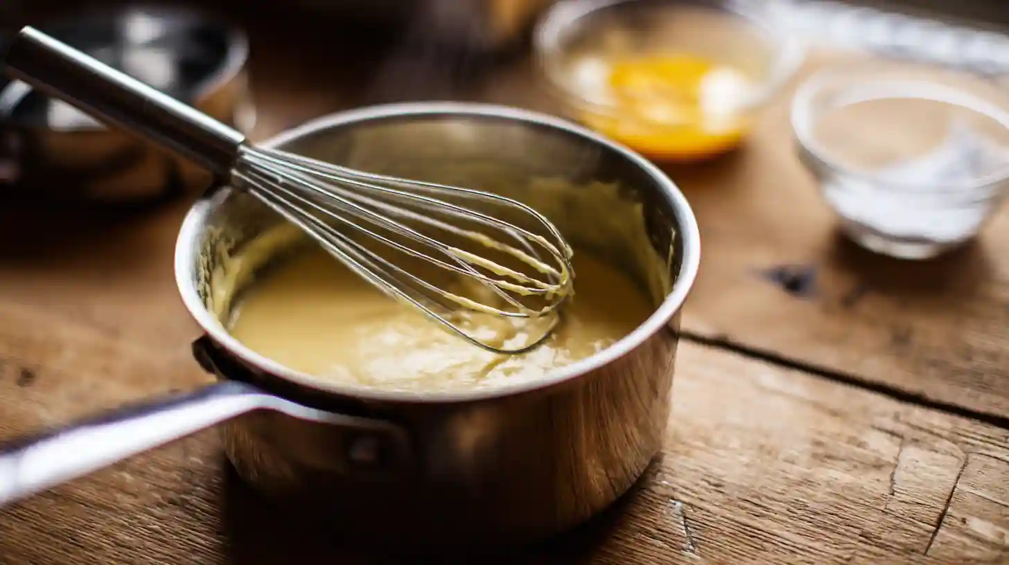 making-custard-cream-boston-cream-croissant-loaf Whisking custard cream for Dunkin Donuts Boston Cream Croissant Loaf recipe, a classic Boston cream filling dessert for families
