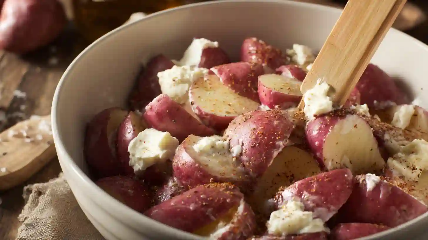 mash-season-potatoes-baked-potato-chicken-broccoli-casserole-step4 Mashing red potatoes with butter, sour cream, garlic, paprika, and seasoning for baked potato chicken and broccoli casserole – creamy comfort food recipe