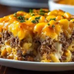Meatloaf and Cheddar Shells Casserole Recipe – easy dinner recipe for families with creamy cheese and ground beef layers