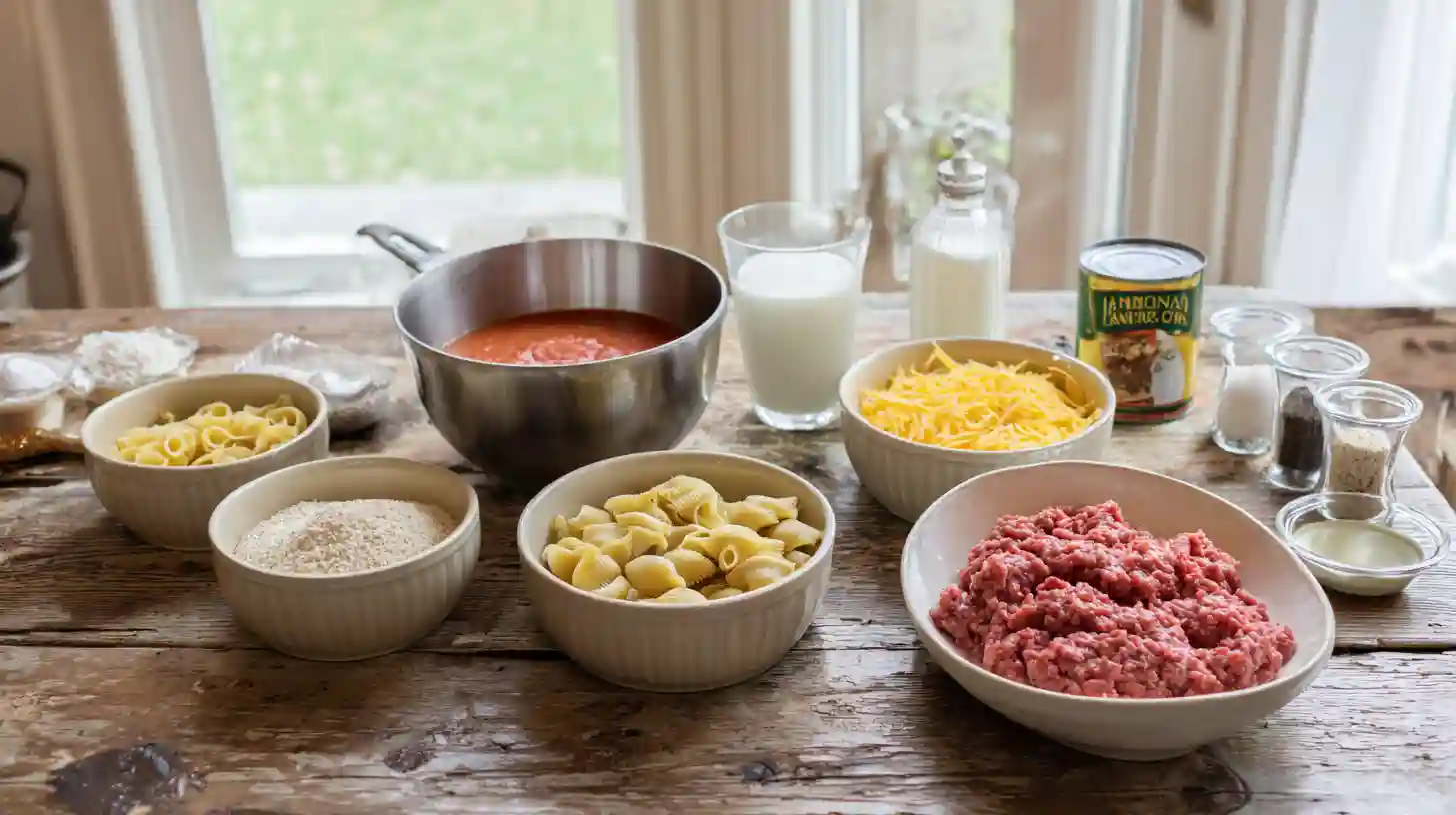 meatloaf-and-cheddar-shells-casserole-recipe-ingredients Ingredients for Meatloaf and Cheddar Shells Casserole Recipe – quick and budget-friendly meal prep