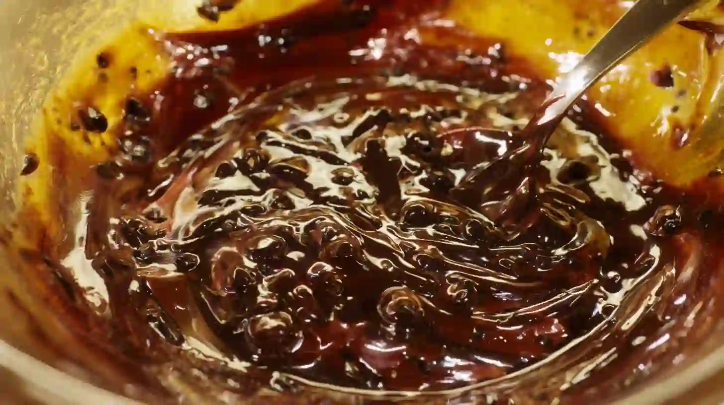 Melting butter and chocolate chips for Chocolate Covered Cherry Magic Bars recipe – step in quick chocolate desserts and rich chocolate treats for parties