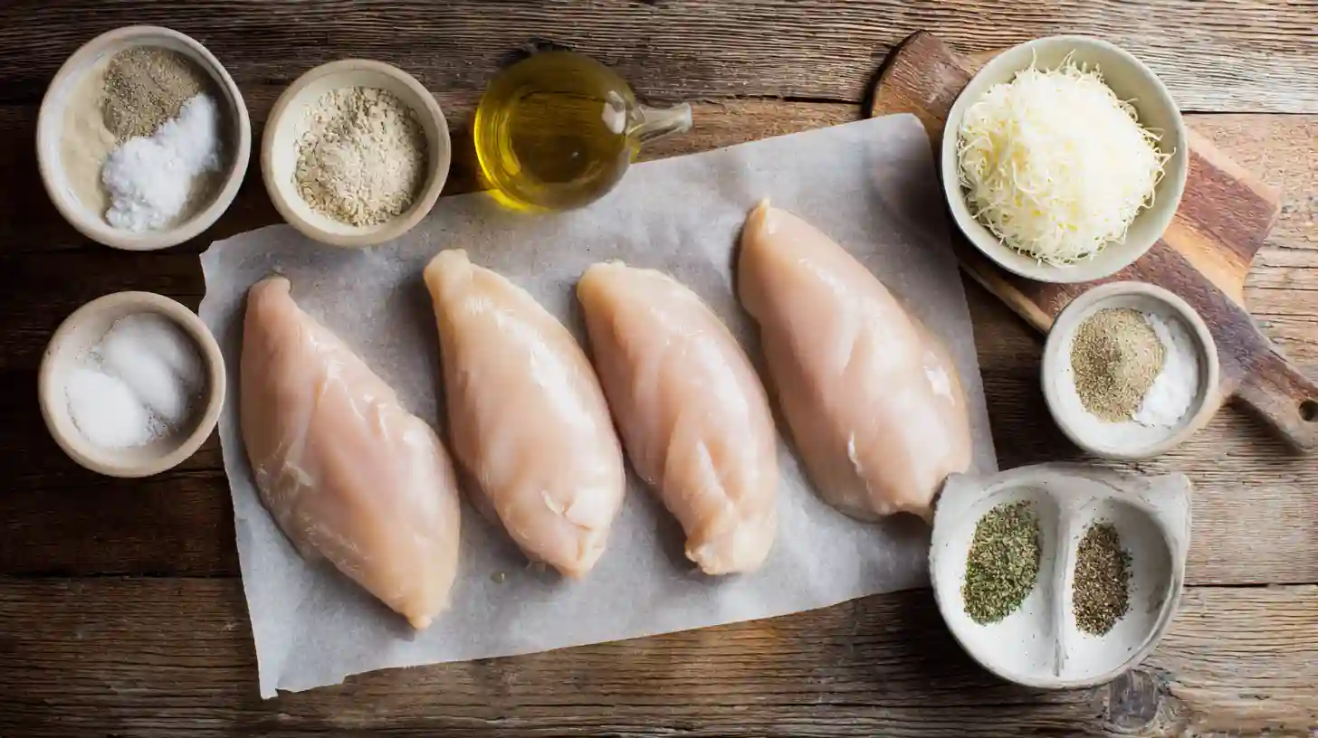 melt-in-your-mouth-caesar-chicken-ingredients-Image Melt In Your Mouth Caesar Chicken ingredients fresh chicken breasts, Caesar dressing, Parmesan, spices, and parsley for baked Caesar chicken.