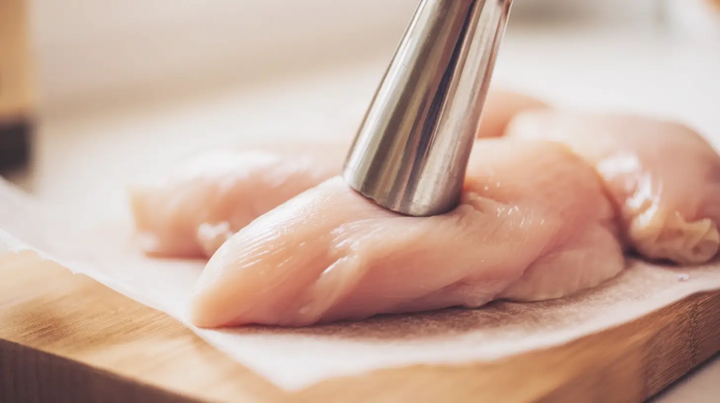 melt-in-your-mouth-caesar-chicken-step2-flatten-chicken Melt In Your Mouth Caesar Chicken recipe chicken breasts being pounded to even thickness for creamy baked chicken dinner, high-protein healthy meal.