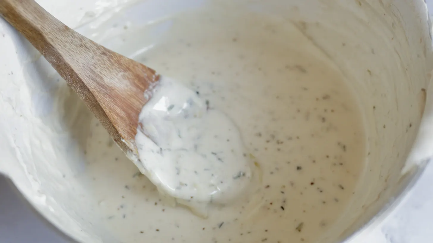 melt-in-your-mouth-caesar-chicken-step3-mix-sauce Melt In Your Mouth Caesar Chicken recipe creamy Caesar dressing mixture with Parmesan and herbs stirred smooth for baked chicken dinner, healthy family meal.