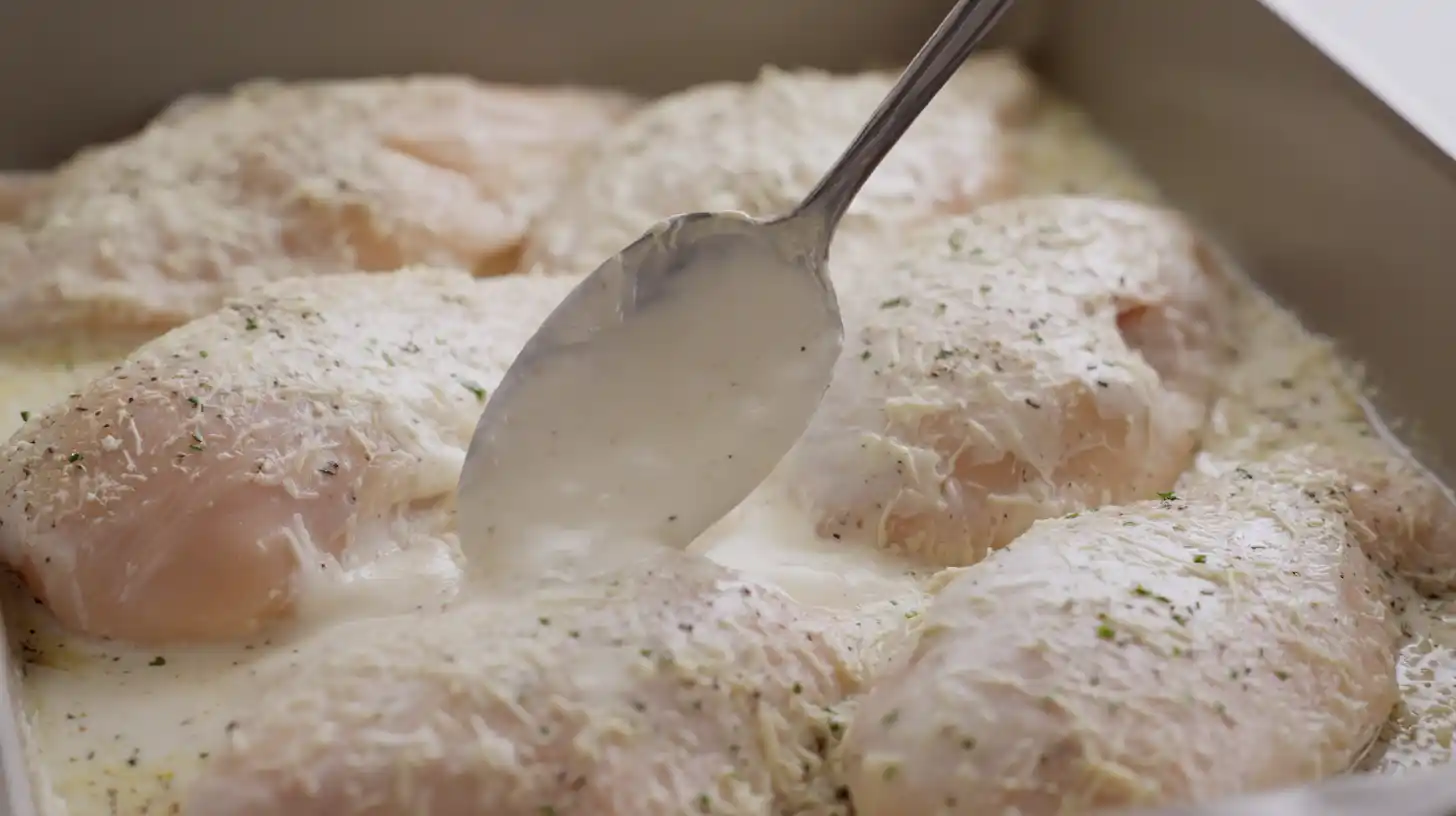 melt-in-your-mouth-caesar-chicken-step4-coat-and-bake Melt In Your Mouth Caesar Chicken recipe creamy Caesar mixture poured over chicken breasts before baking, high-protein baked chicken dinner idea.