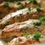 Melt In Your Mouth Caesar Chicken recipe baked chicken resting before serving, garnished with parsley, creamy Caesar chicken dinner idea.