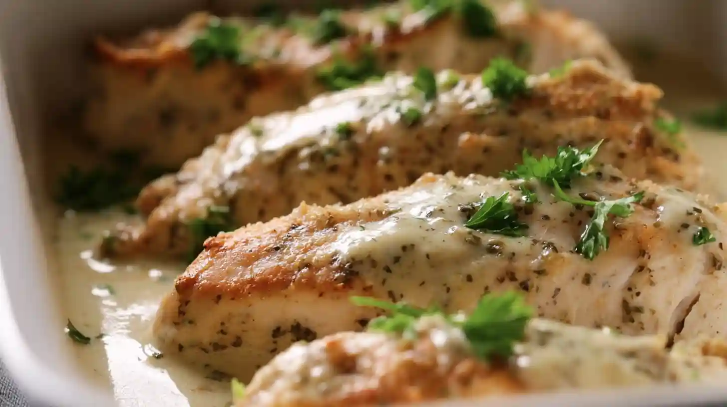 melt-in-your-mouth-caesar-chicken-step6-rest-and-serve Melt In Your Mouth Caesar Chicken recipe baked chicken resting before serving, garnished with parsley, creamy Caesar chicken dinner idea.