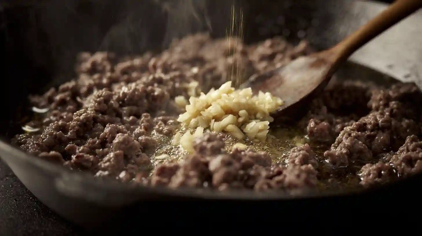 minced-garlic-in-beef-drippings-loaded-bacon-cheeseburger-alfredo Minced garlic sizzling in beef drippings for loaded bacon cheeseburger Alfredo pasta, step-by-step creamy pasta recipe