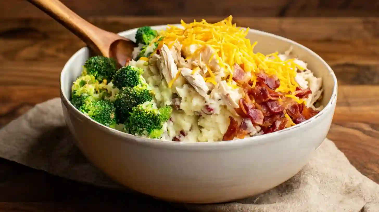 mix-broccoli-chicken-bacon-cheese-baked-potato-casserole-step5 Mixing mashed potatoes, broccoli, chicken, crispy bacon, and cheddar cheese for baked potato chicken and broccoli casserole – easy family dinner recipe