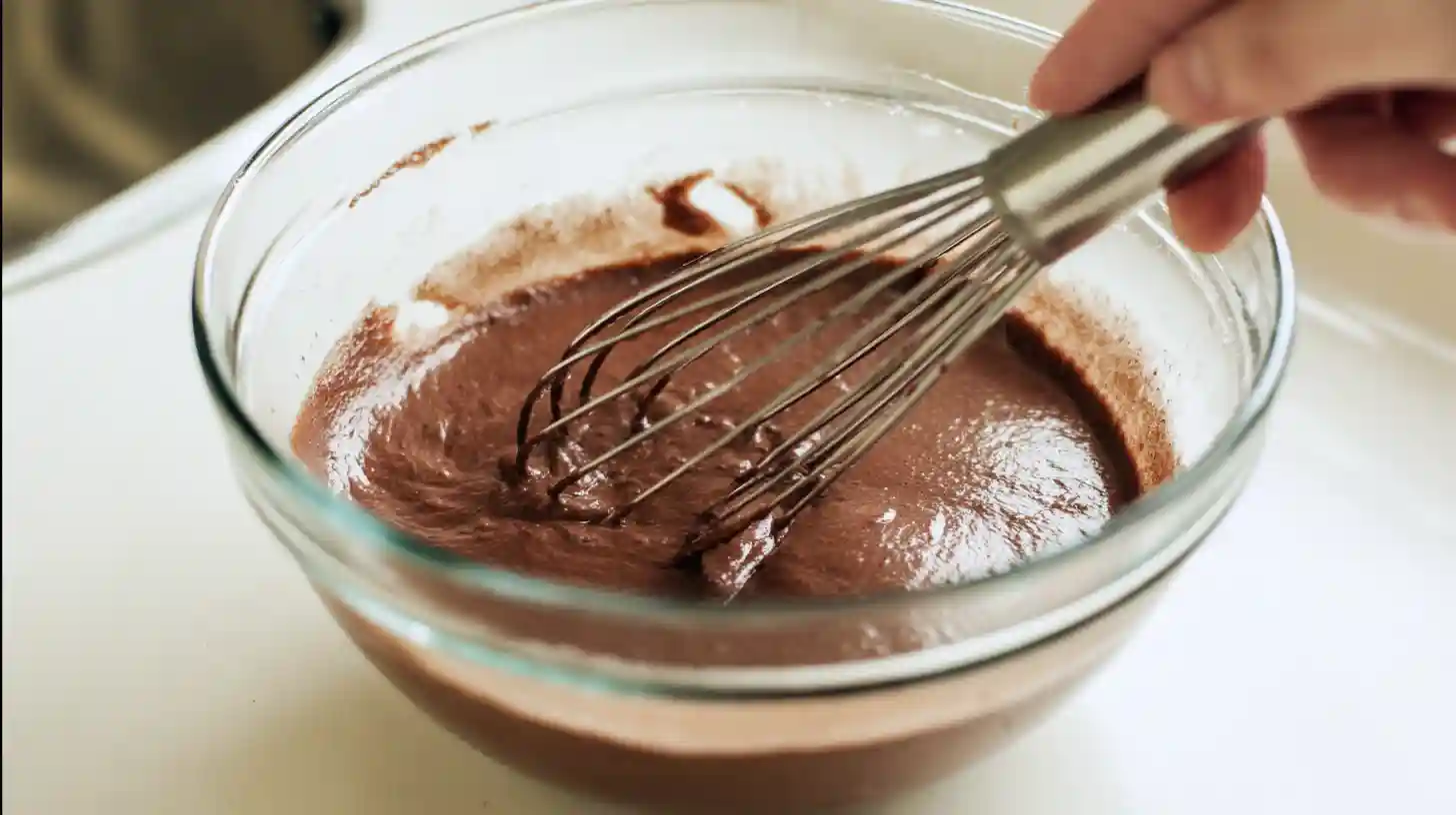 mix-cake-batter-peanut-butter-cup-dump-cake Mixing chocolate cake batter with butter and milk for peanut butter cup dump cake delight, one of the best easy dessert recipes for families