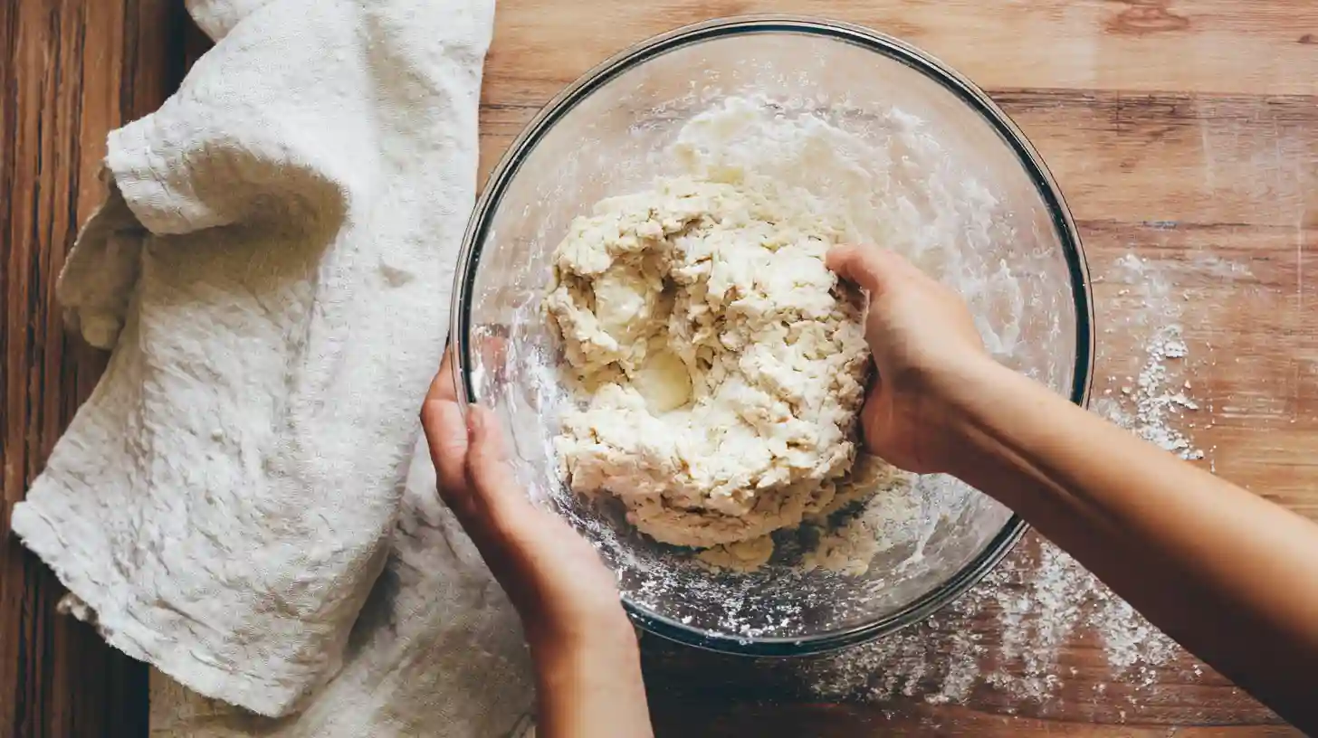 mix-dough-mozzarella-soft-pretzels-easy Mixing dough for mozzarella stuffed soft pretzels recipe easy – buttery homemade pretzel dough in a rustic kitchen