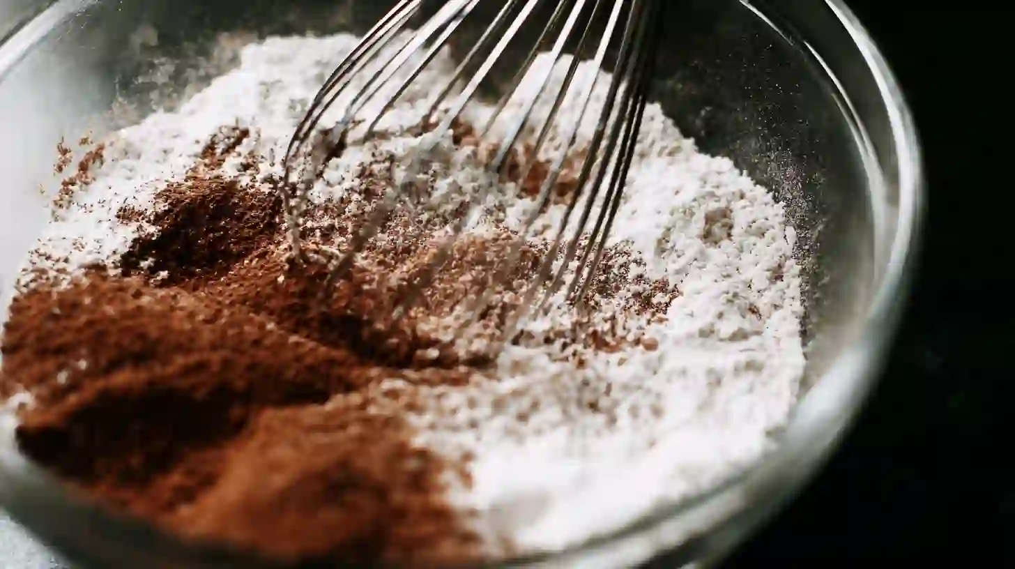Whisking flour, cocoa, sugar, and baking powder for Chocolate Covered Cherry Magic Bars recipe – step in quick chocolate desserts and easy dessert recipes for families