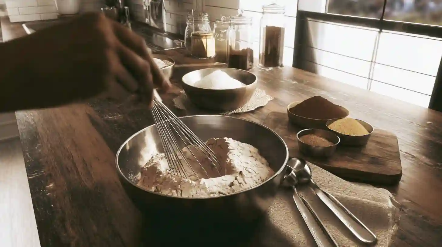 mix-dry-ingredients-chocolate-covered-cherry-magic-bars Whisking dry ingredients for Chocolate Covered Cherry Magic Bars – easy dessert prep for busy moms