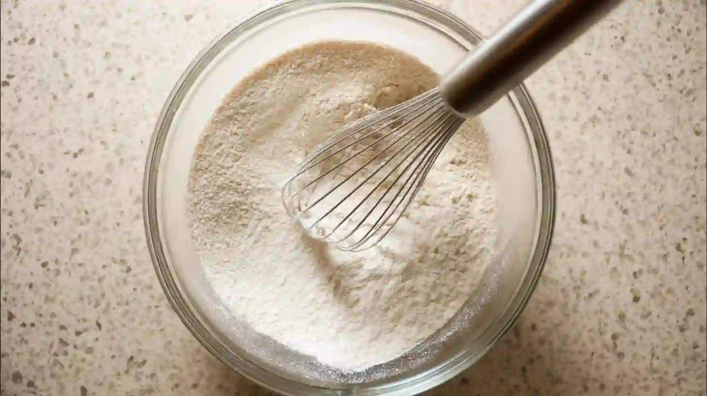 mix-dry-ingredients-southern-peach-pound-cake mixing flour, baking soda, and salt for Southern Peach Buttermilk Pound Cake, baking tips for even texture, easy dessert recipes for families