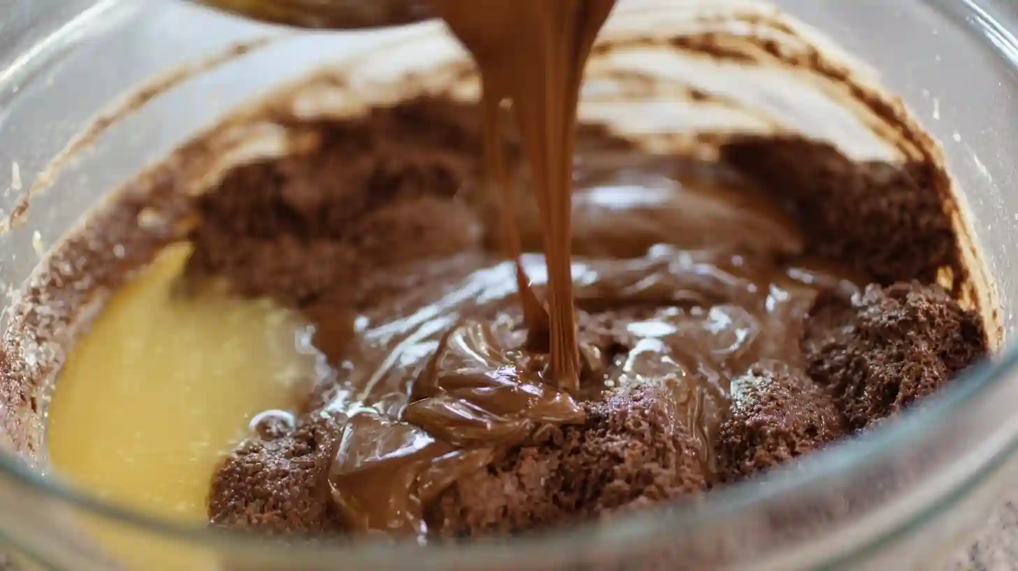 Combining melted chocolate with dry ingredients, eggs, and vanilla for Chocolate Covered Cherry Magic Bars recipe – step in quick chocolate desserts and easy dessert recipes for families