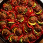 Moroccan Spiral Meatball Zucchini Bake in cast iron skillet.Healthy dinner recipes