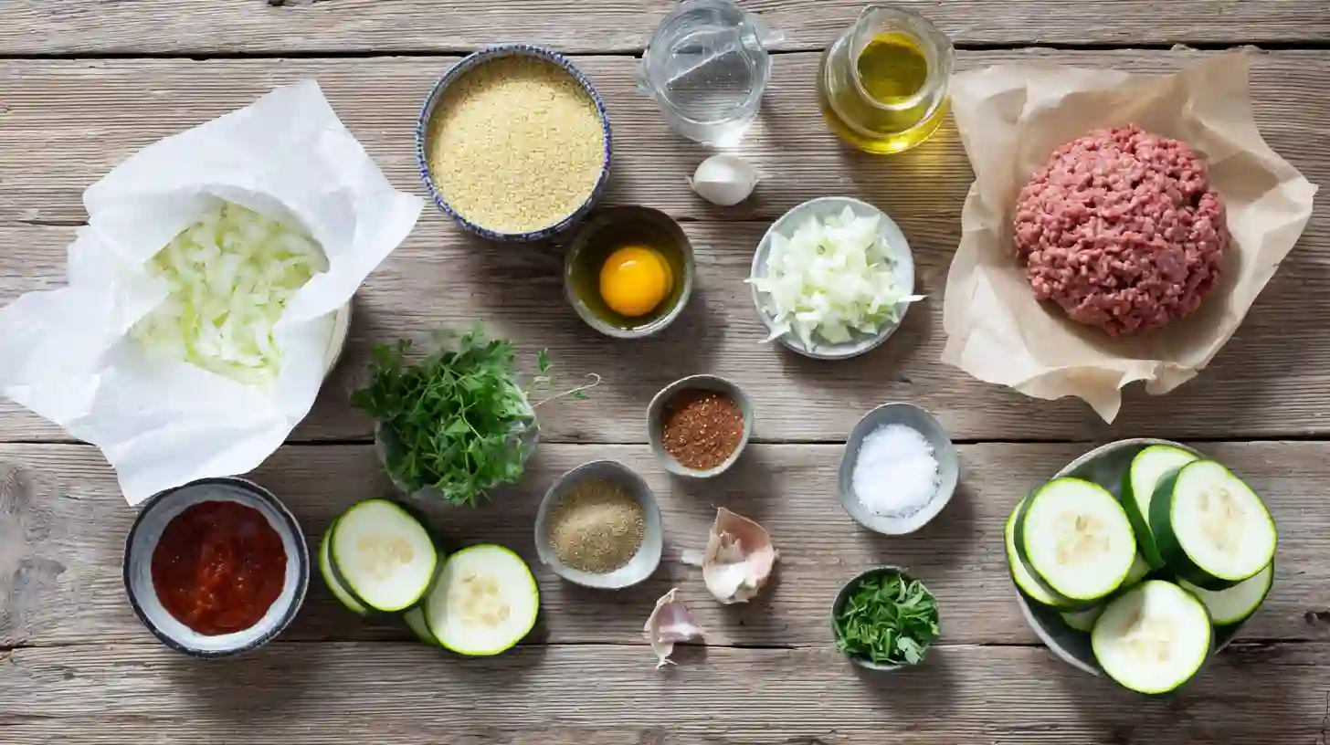 moroccan-spiral-meatball-zucchini-bake-ingredients-Image Fresh ingredients for Moroccan Spiral Meatball Zucchini Bake.Easy zucchini casserole recipes