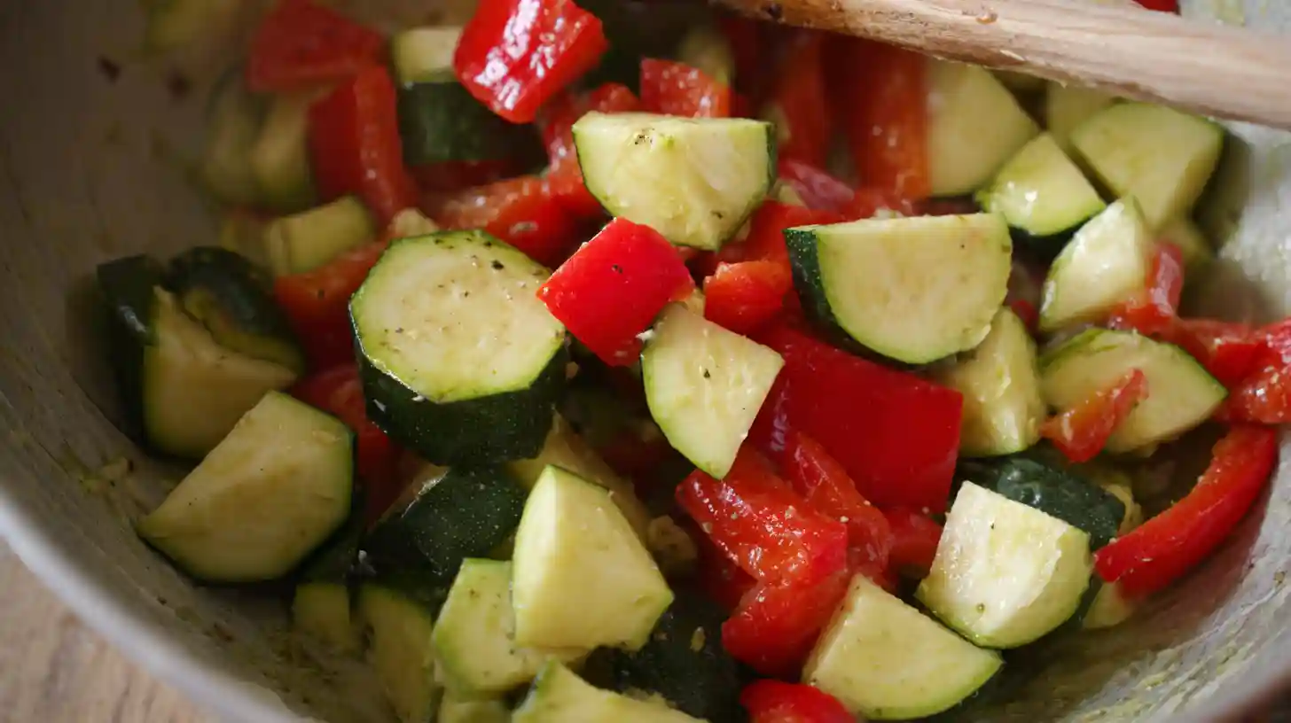moroccan-spiral-meatball-zucchini-bake-step2-toss-vegetables Tossing zucchini and red capsicum with olive oil for Moroccan Spiral Meatball Zucchini Bake, easy weeknight healthy meals