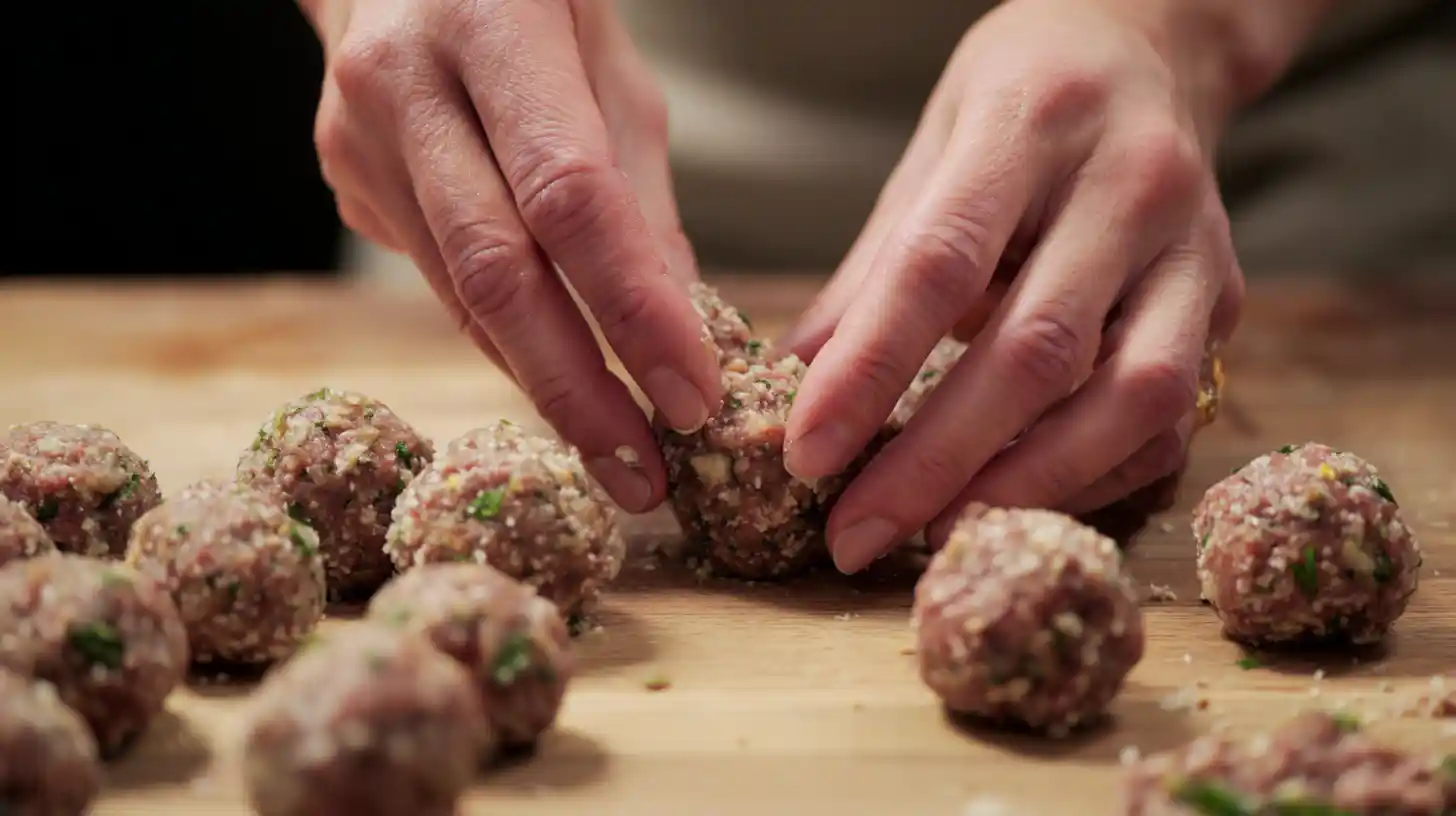 moroccan-spiral-meatball-zucchini-bake-step3-make-meatballs Shaping lamb meatballs with parsley and spices for Moroccan Spiral Meatball Zucchini Bake, healthy dinner recipes
